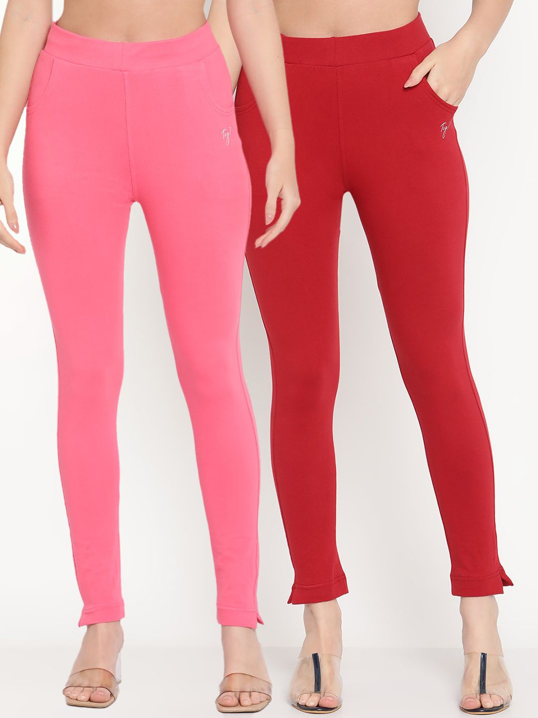 TAG 7 Set Of 2 Pink & Red Solid Leggings