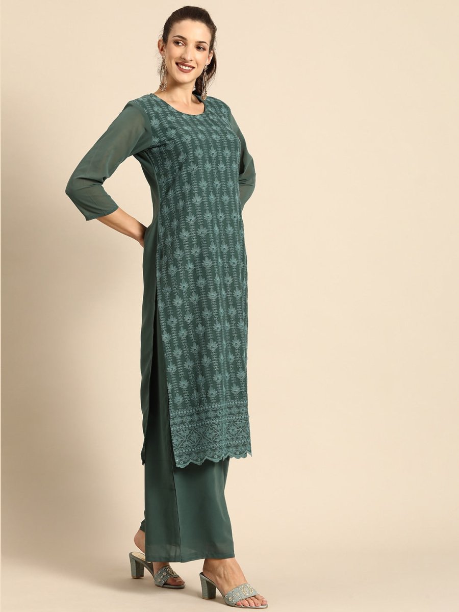 All About You Women Green Ethnic Motifs Embroidered Regular Chikankari Kurta with Palazzos