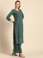 All About You Women Green Ethnic Motifs Embroidered Regular Chikankari Kurta with Palazzos