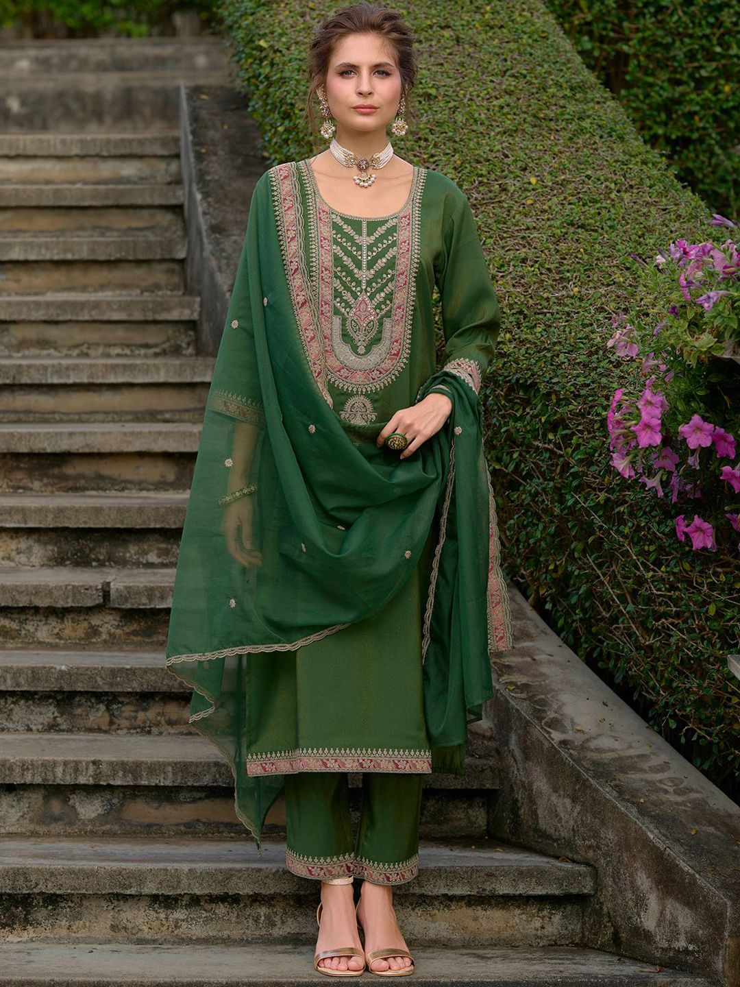 Indo Era Ethnic Motifs Yoke Design Straight Kurta with Trousers & Dupatta - Distacart