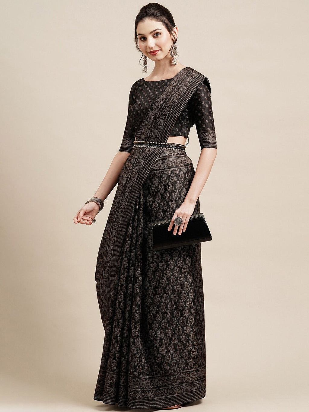 Saree Mall Black & Grey Floral Printed Art Silk Bhagalpuri Sarees