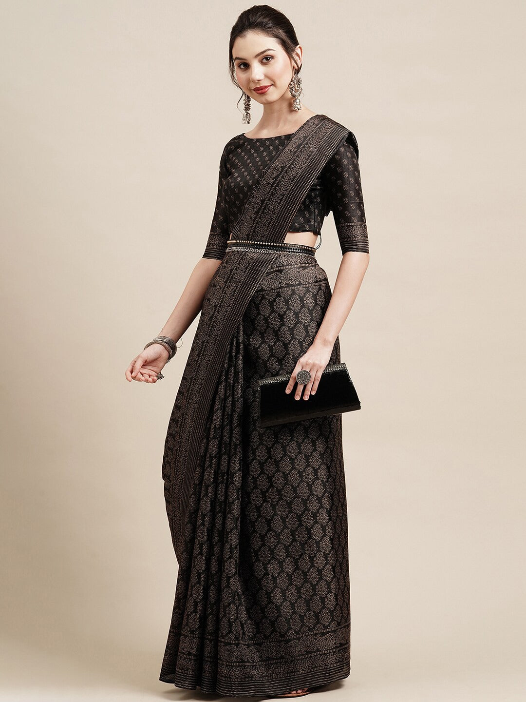 Saree Mall Black & Grey Floral Printed Art Silk Bhagalpuri Sarees