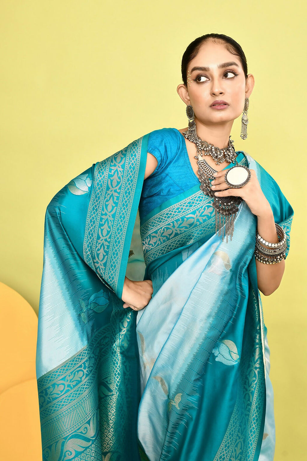 Joban Fashion Sky Blue & Rama Plain With Weaving Border Banarasi Silk Sarees