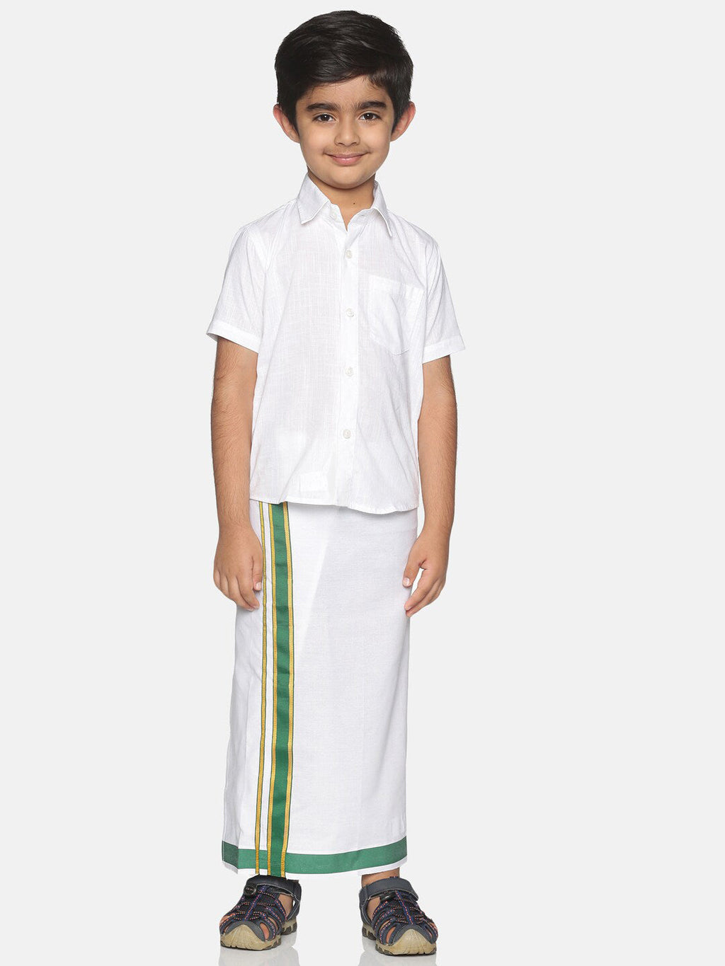 Sethukrishna Boys White & Green Pure Cotton Solid Shirt and Veshti Set