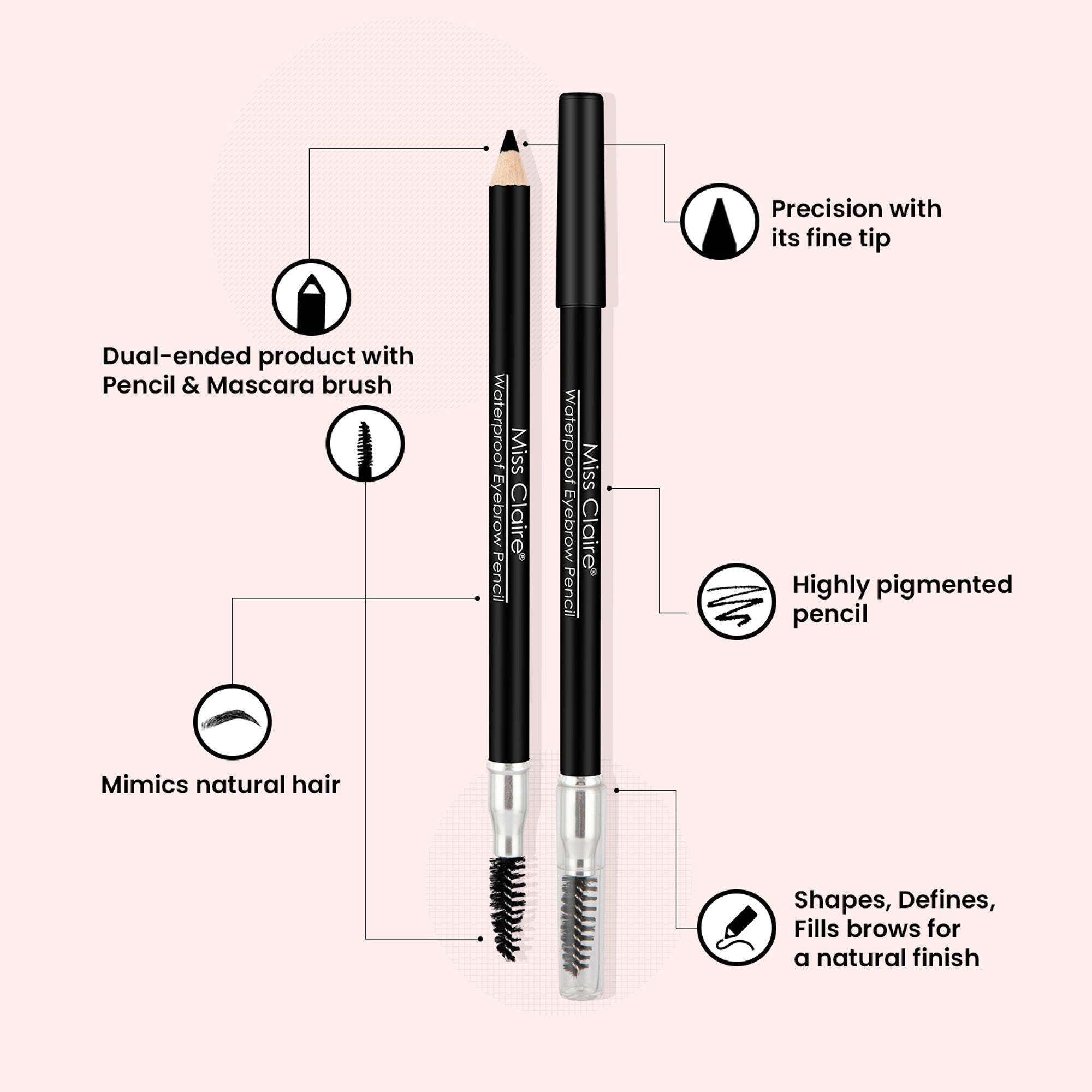 Miss Claire Waterproof Eyebrow Pencil With Mascara Brush - 01 Black - Distacart