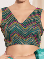 Joban Fashion Cobalt Blue Net Padded Blouse With V Neck Sleeveless - Distacart