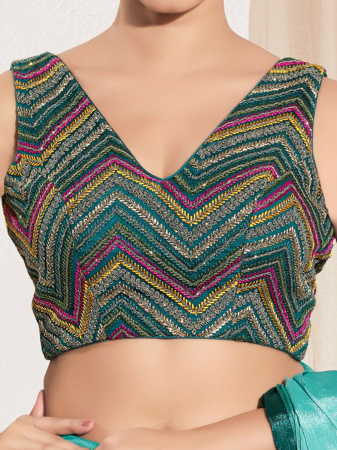 Joban Fashion Cobalt Blue Net Padded Blouse With V Neck Sleeveless - Distacart