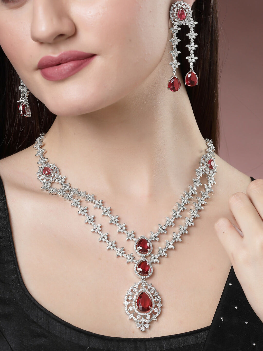 NVR Women's Silver-Plated Red CZ-Studded Handcrafted Jewellery Set