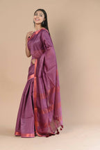 Very Much Indian Handloom Cotton Silk Maheshwari Saree With Sleek Golden Border - Maroon - Distacart