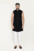 Joban Fashion Black Colored Velvet Based With Aplics Fabric Open Jacket, Indo Western With Pant