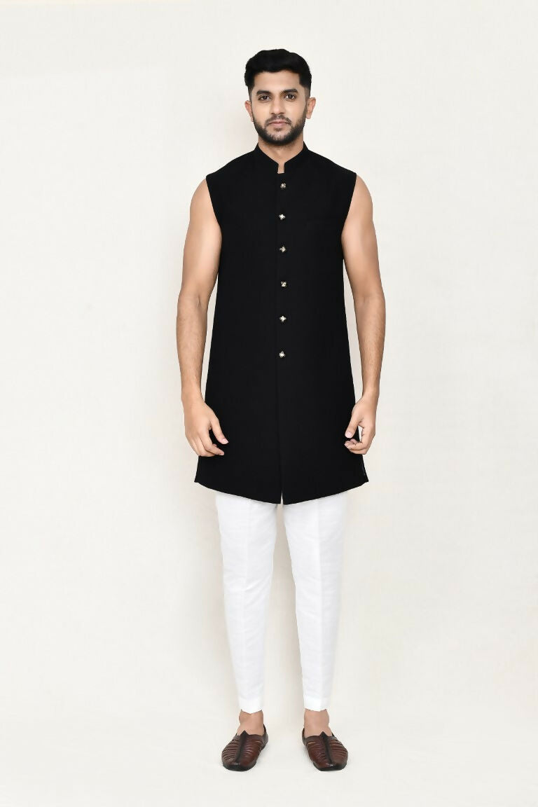 Joban Fashion Black Colored Velvet Based With Aplics Fabric Open Jacket, Indo Western With Pant