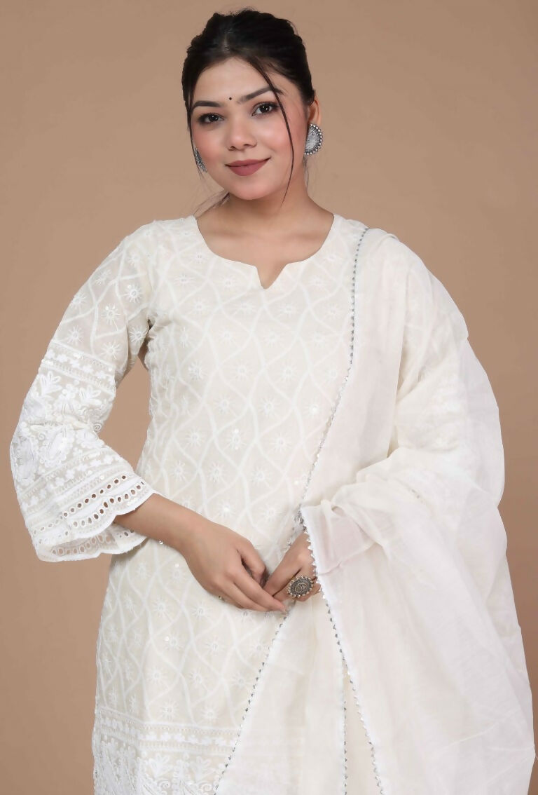 Miravan Women's Chikankari Cream Kurti Palazzo With Dupatta