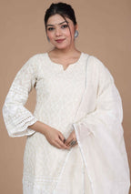 Miravan Women's Chikankari Cream Kurti Palazzo With Dupatta