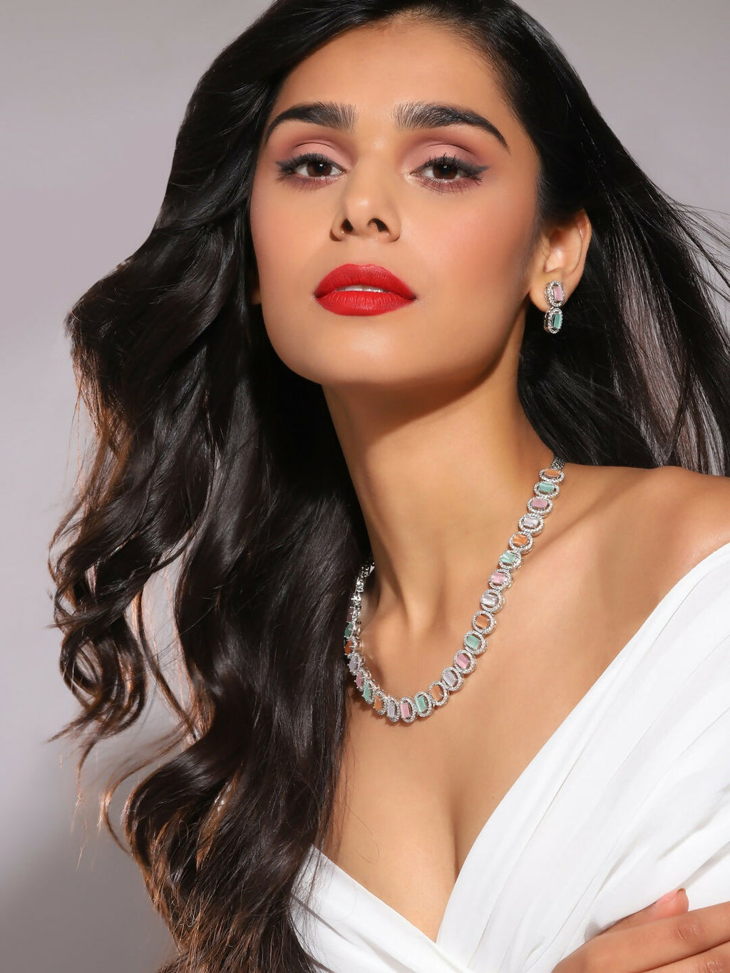 Blush Colored Diamond & Semi Precious Stone Neckpiece with Earrings- Ruby Raang