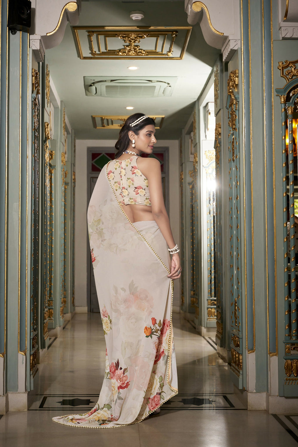 Vastranavya Off White Spectacular Georgette Printed with Pearl Lace Saree with Unstitched Blouse - Distacart