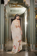 Vastranavya Off White Spectacular Georgette Printed with Pearl Lace Saree with Unstitched Blouse - Distacart