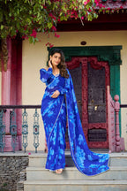 Vastranavya Blue Chiffon Floral Printed & Pearl Lace Border Saree with Unstitched Blouse