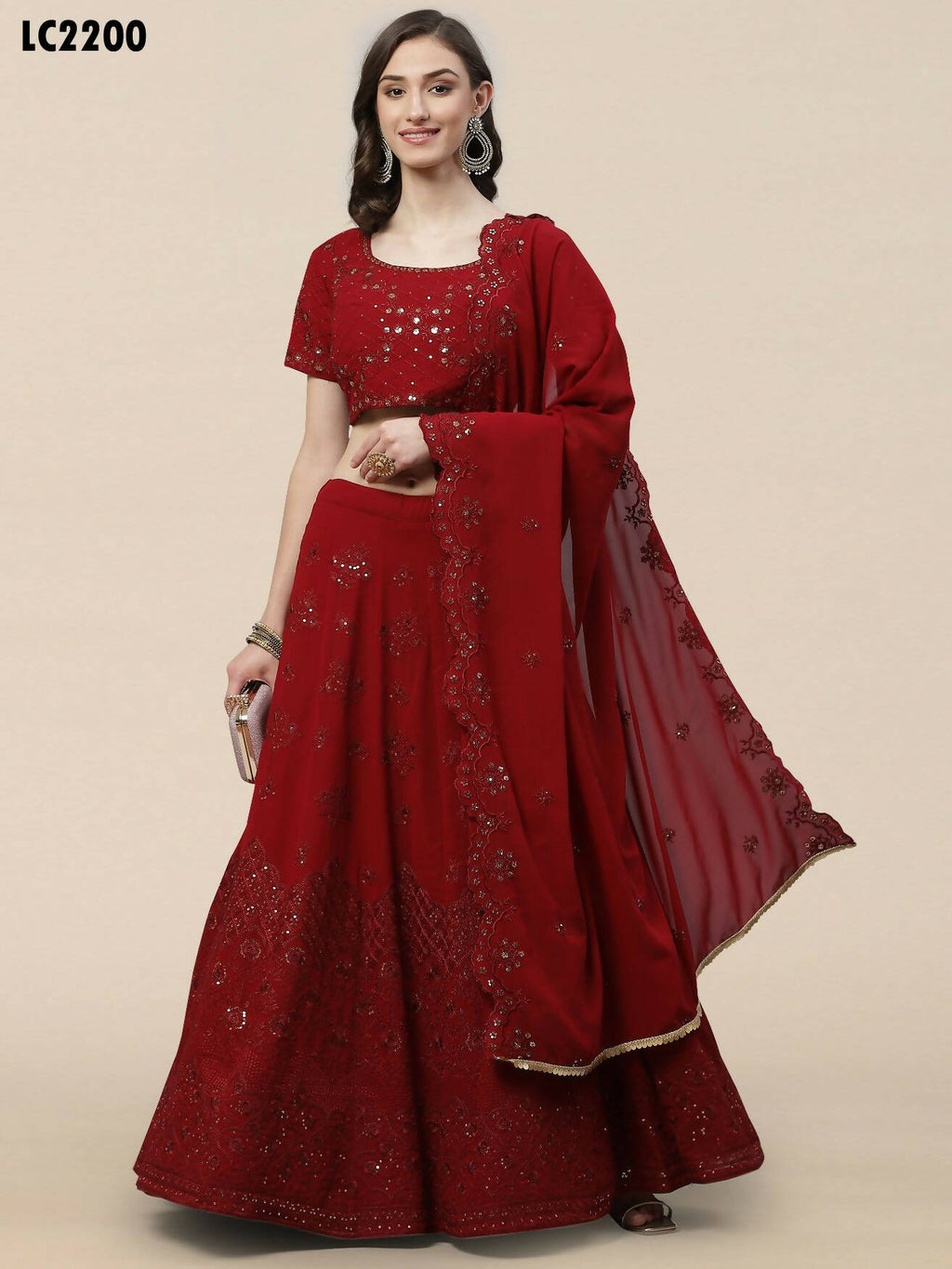 Maroon Georgette Thread with Sequins Embroidered work Lehenga Choli with Dupatta - Jivika
