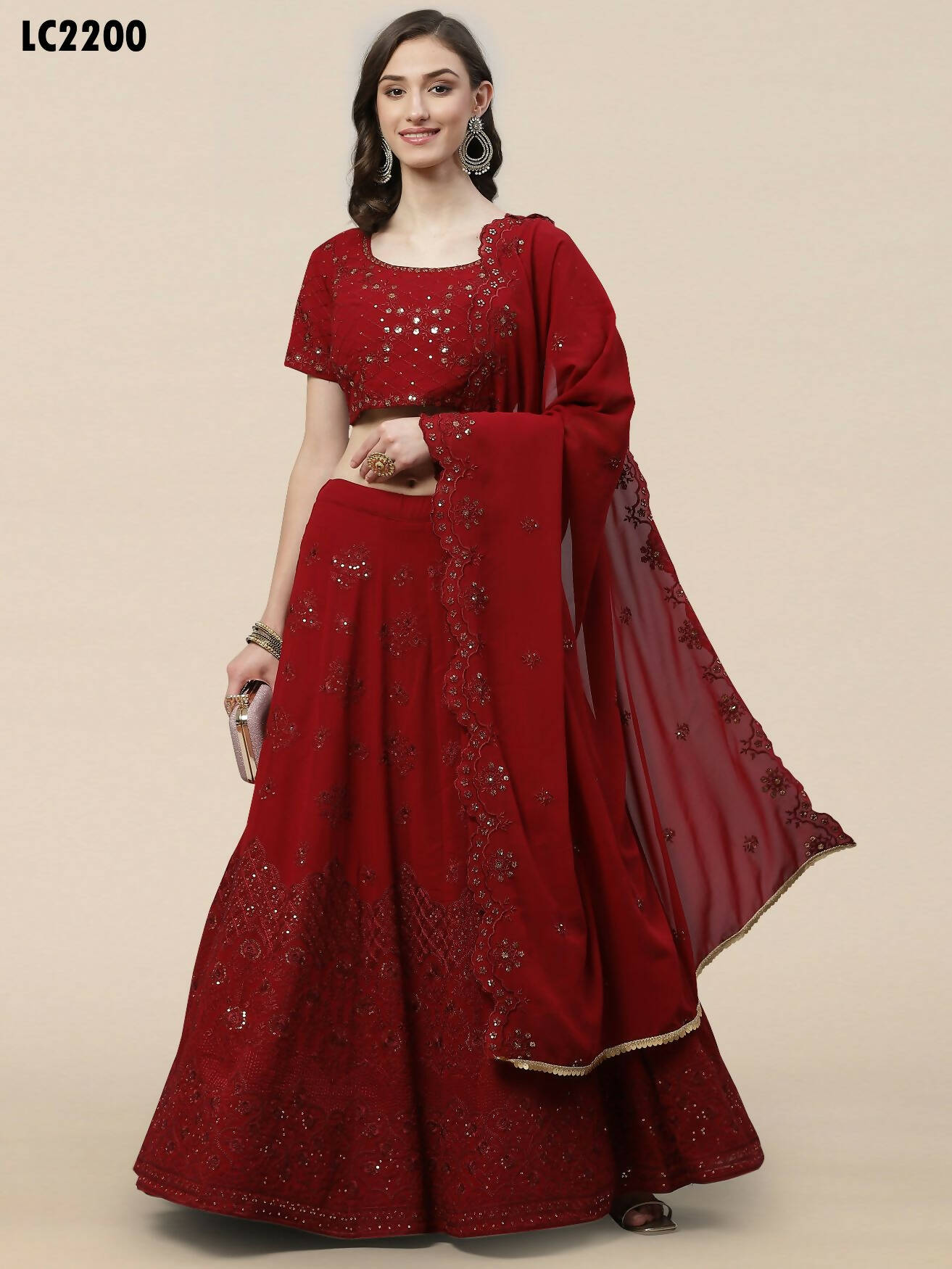 Maroon Georgette Thread with Sequins Embroidered work Lehenga Choli with Dupatta - Jivika