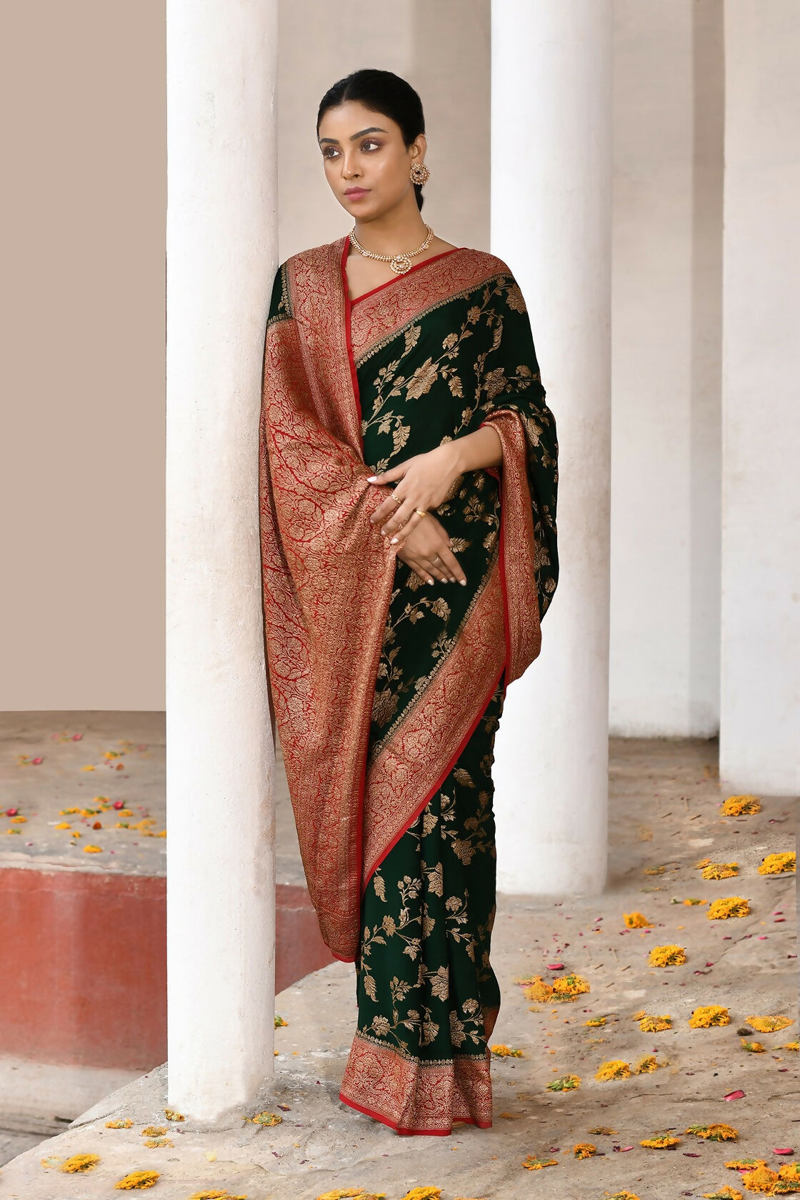 Joban Fashion Green Crepe Chiffon Pure Handloom Banarasi Silk Saree