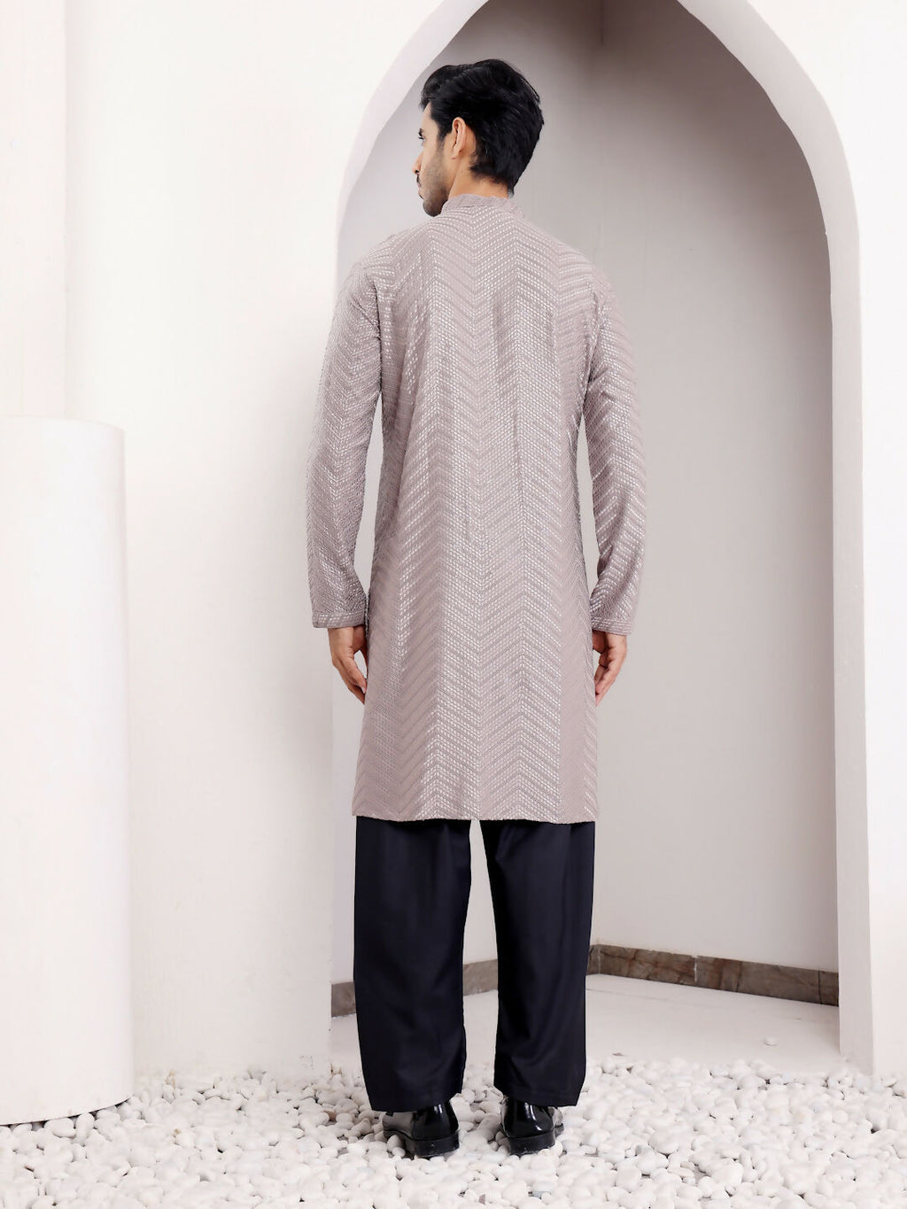 Grey Viscose Designer Chikankari Embroidery Work Men's Kurta - Mahotsav