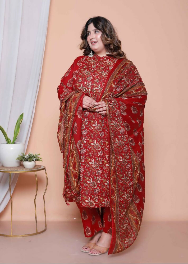 Miravan Women Floral Print Cotton Maroon Stitched Kurta Palazzo With Dupatta Set - Distacart