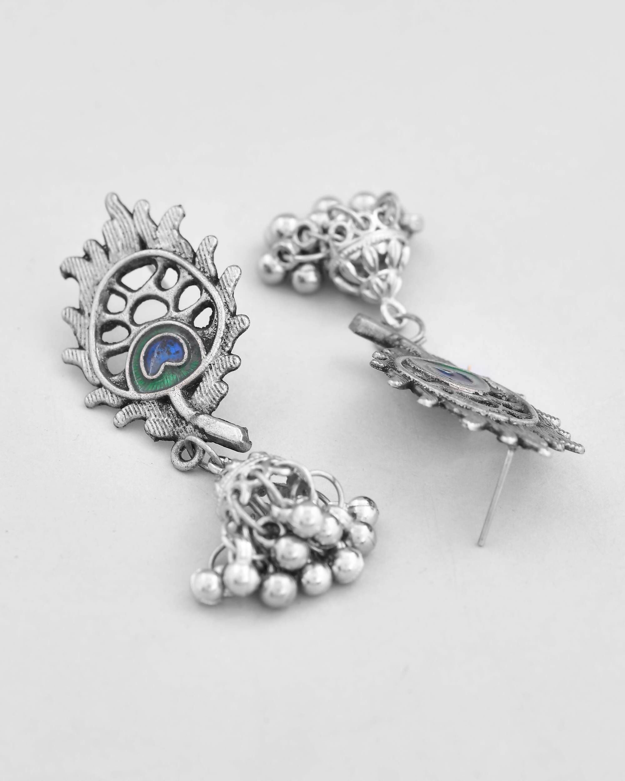 VOJ Silver Plated Oxidized Kanha Shape Long Necklace with Earring Set