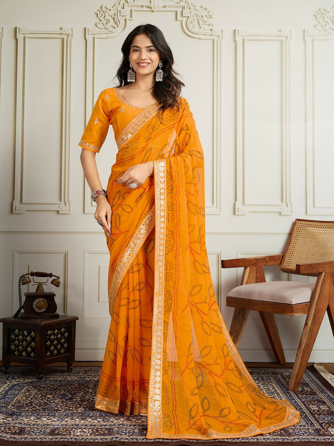 Ai Fashion Yellow Georgette Rajwadi Bandhani Print Party Wear Saree - Distacart