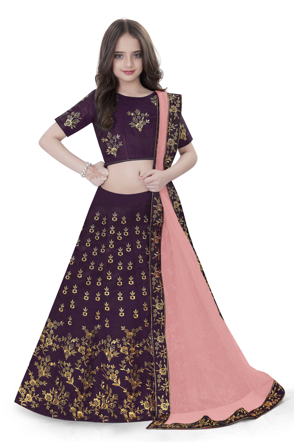 Dwiden Purple Baby Doll Tafetta Sattin Semi-Stitched Girl's Lehenga Choli