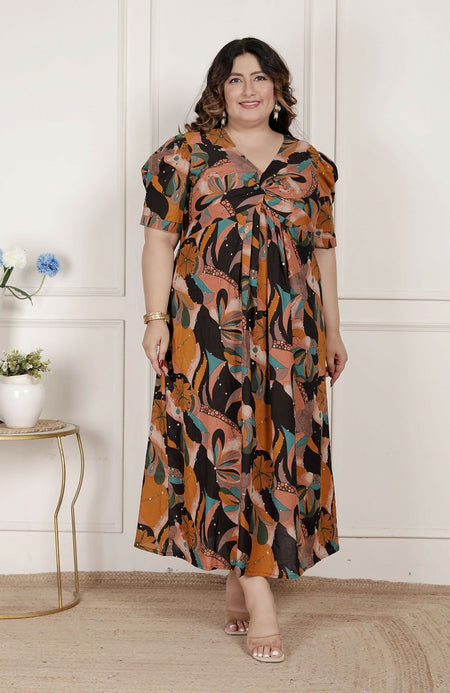 Miravan Womens Plus Size Pure Cotton Black Puff Sleeve Floral Printed Butterfly Maxi Dress