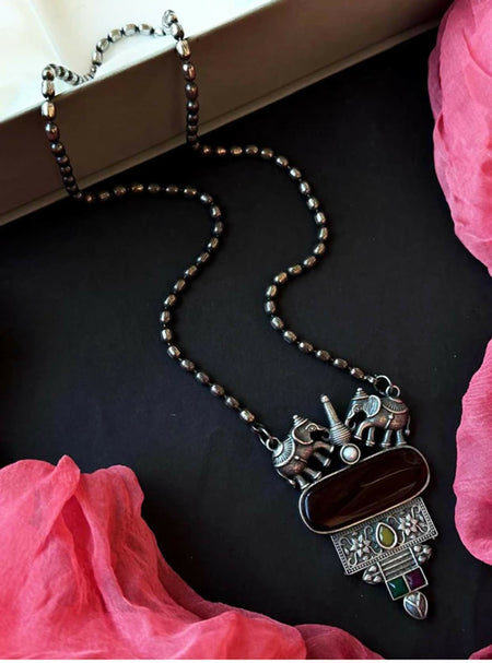 Joban Fashion Women Oxidize Monalisa Stone Big Pendant Oxidized Chain Necklace