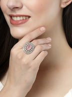NVR Women's Pink & Silver CZ-Studded Handcrafted Adjustable Finger Ring