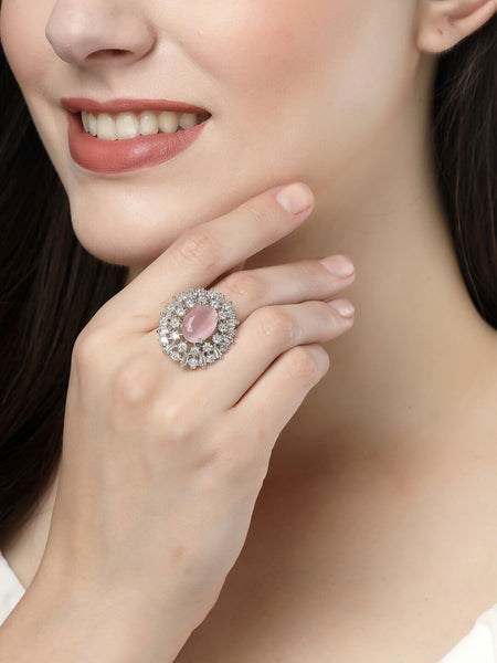 NVR Women's Pink & Silver CZ-Studded Handcrafted Adjustable Finger Ring