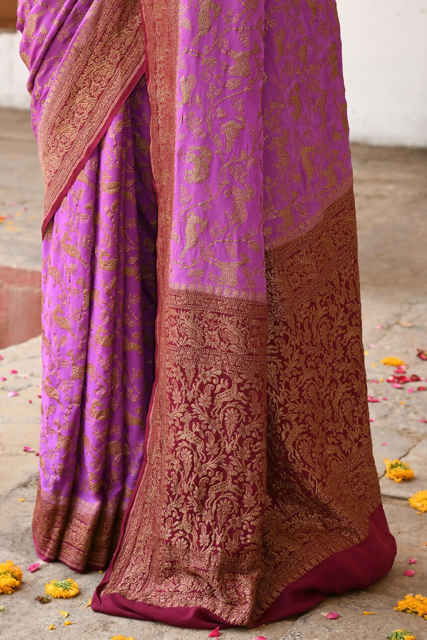 Joban Fashion Hot Pink Crepe Chiffon Pure Handloom Banarasi Silk Saree