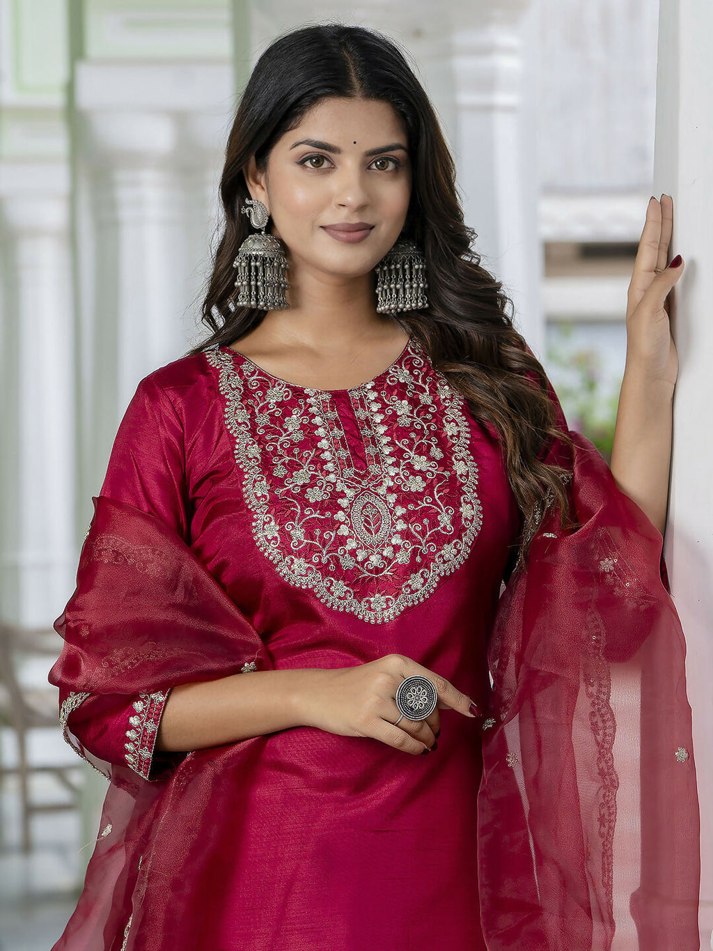 Vellora Red Silk Blend Embroidered Salwar Suit for Everyday Wear