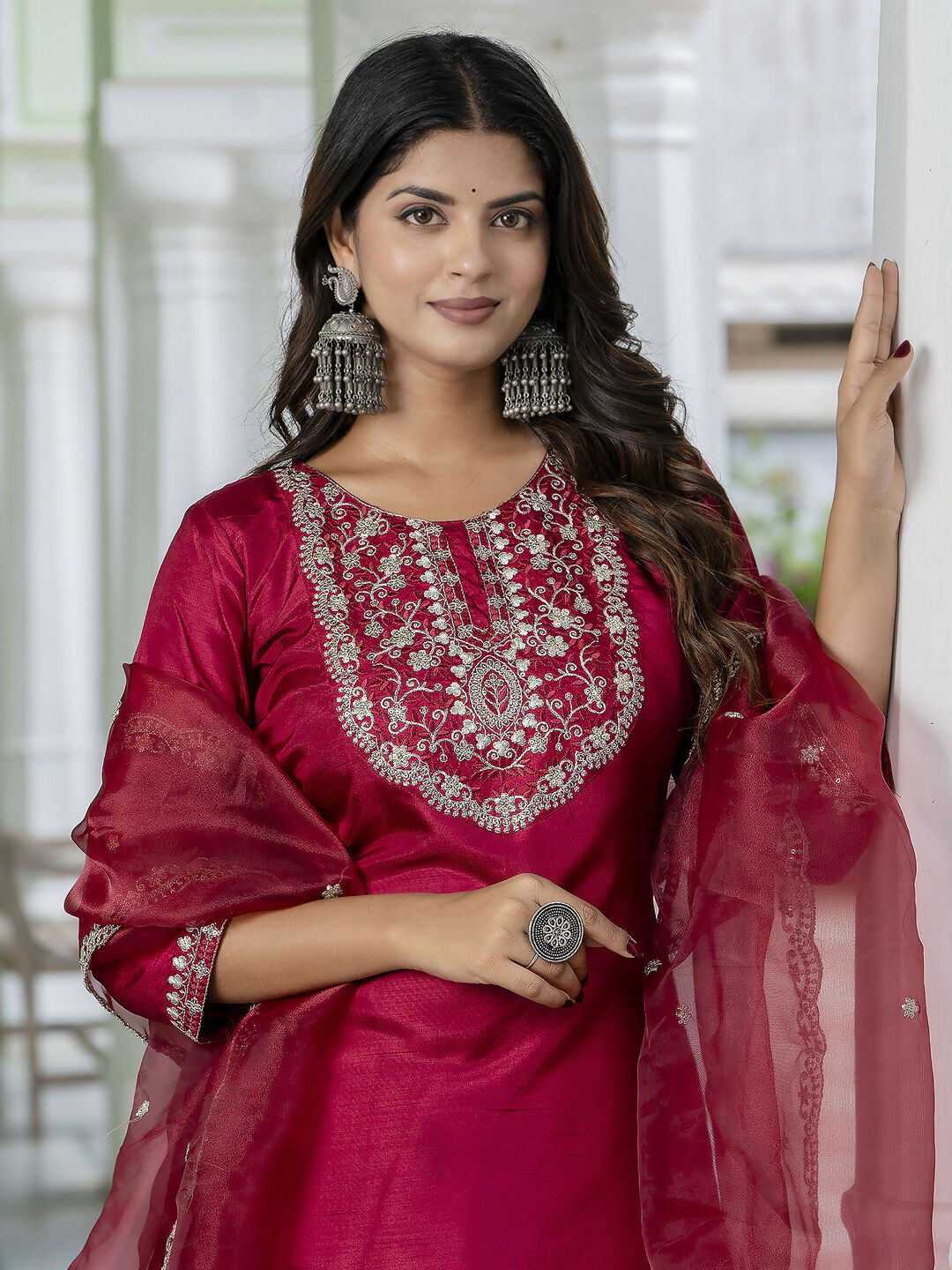 Vellora Red Silk Blend Embroidered Salwar Suit for Everyday Wear