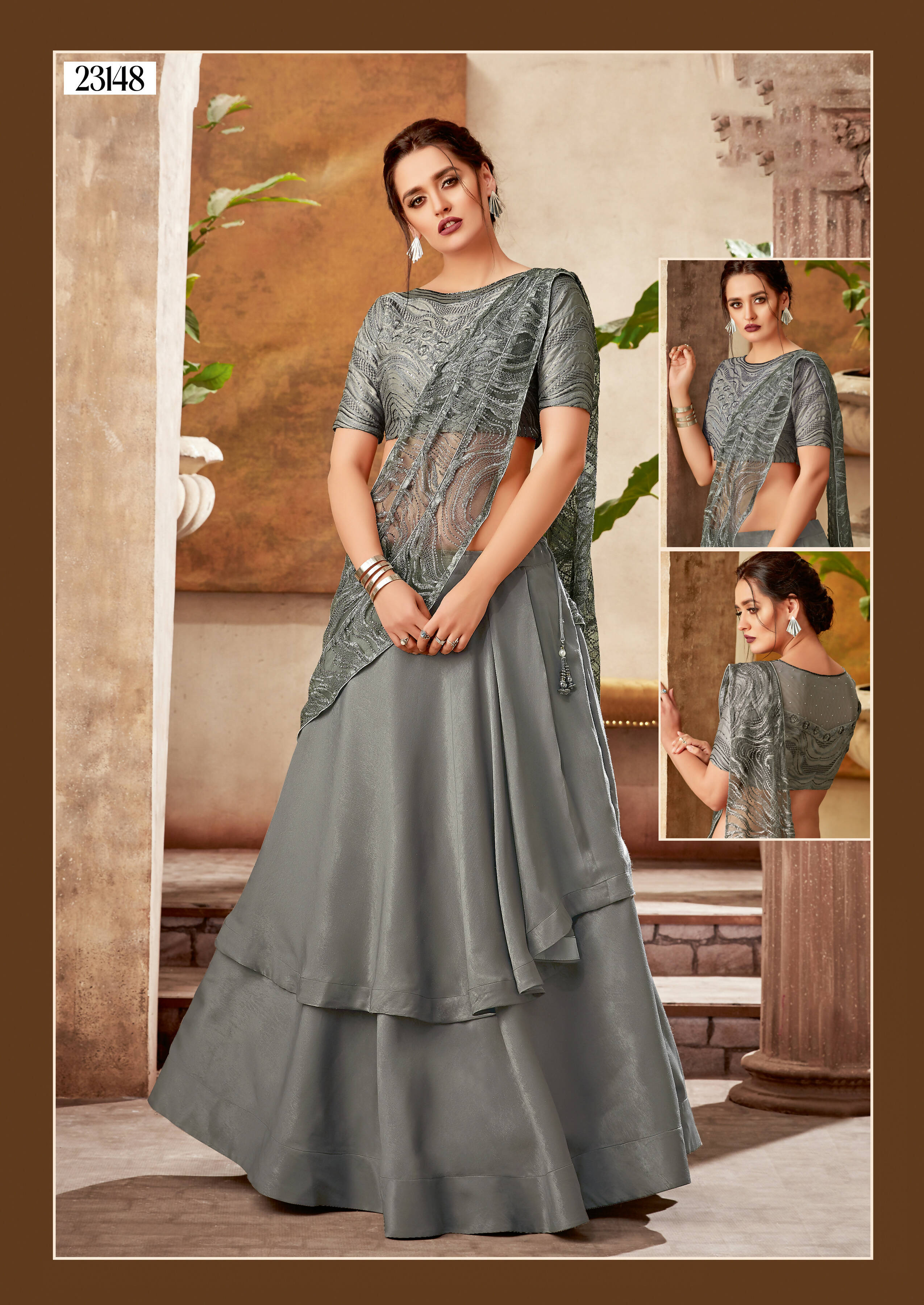 Grey Fancy Velvet Thread, Cord And Sequins Embroidery Semi-Stitched Lehenga Saree - Mohmanthan Dezzy