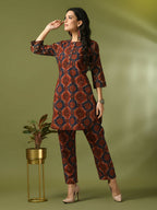 Myshka Women's Multi Printed Cotton Round Neck Party Tunic With Trousers Co-ord set