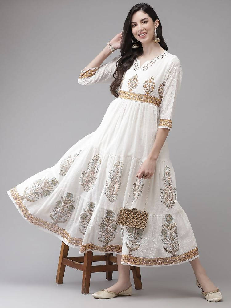Yufta White Ethnic Printed Flared Dress