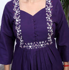 Miravan Women's Purple Embroidered Sweetheart Neck & Accordion Pleated Solid A-Line Kurta And Palazzo Set