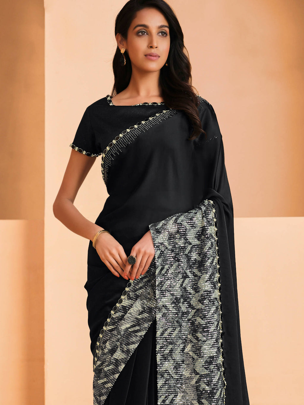 Black Satin Crepe Silk Sequence Embroidered Saree With Unstitched Blouse - Mohmanthan Yavanika