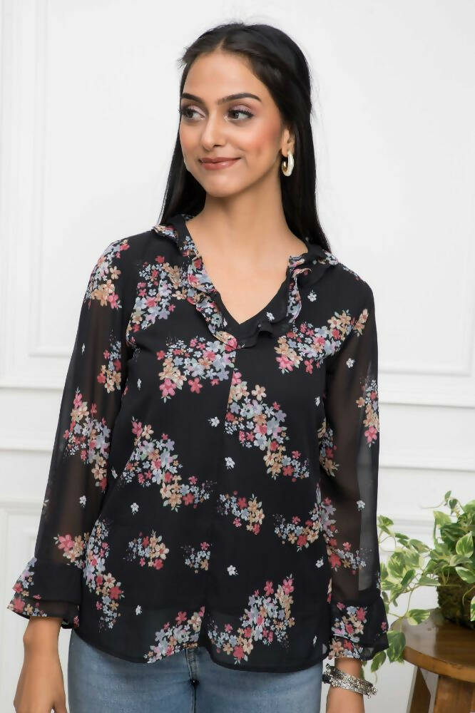 Myshka Women Black Floral V-Neck Regular Sleeves Synthetic Georgette Top - Distacart