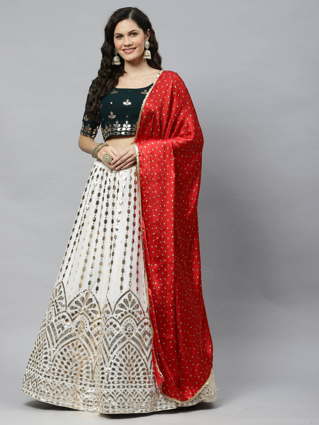 White Georgette Paper Mirror Embroidery Work Lehenga Choli with Dupatta - Jivika