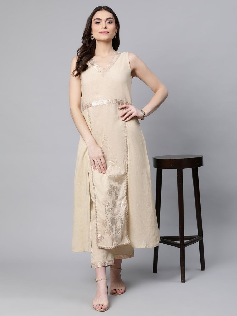 Ahalyaa Women Beige Pure Cotton Printed Floral Kurta With Trousers - Distacart
