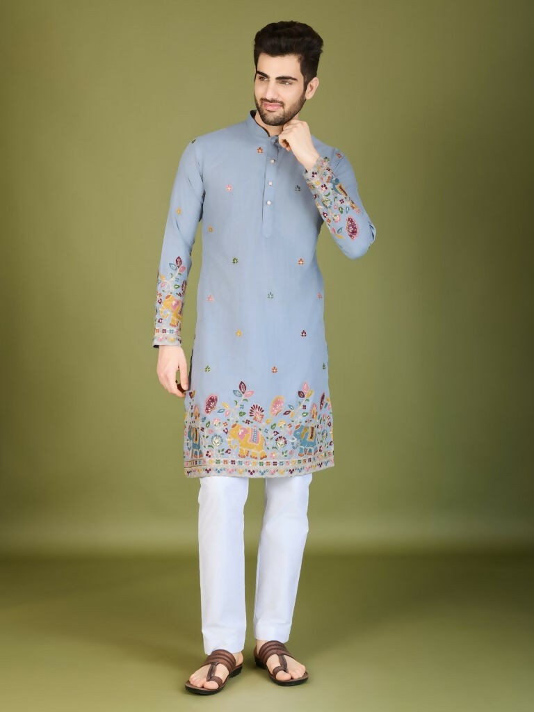 Vastranavya Sky Blue Exclusive Festival Wear Cotton Sequence Embroidered & Thread Work Kurta