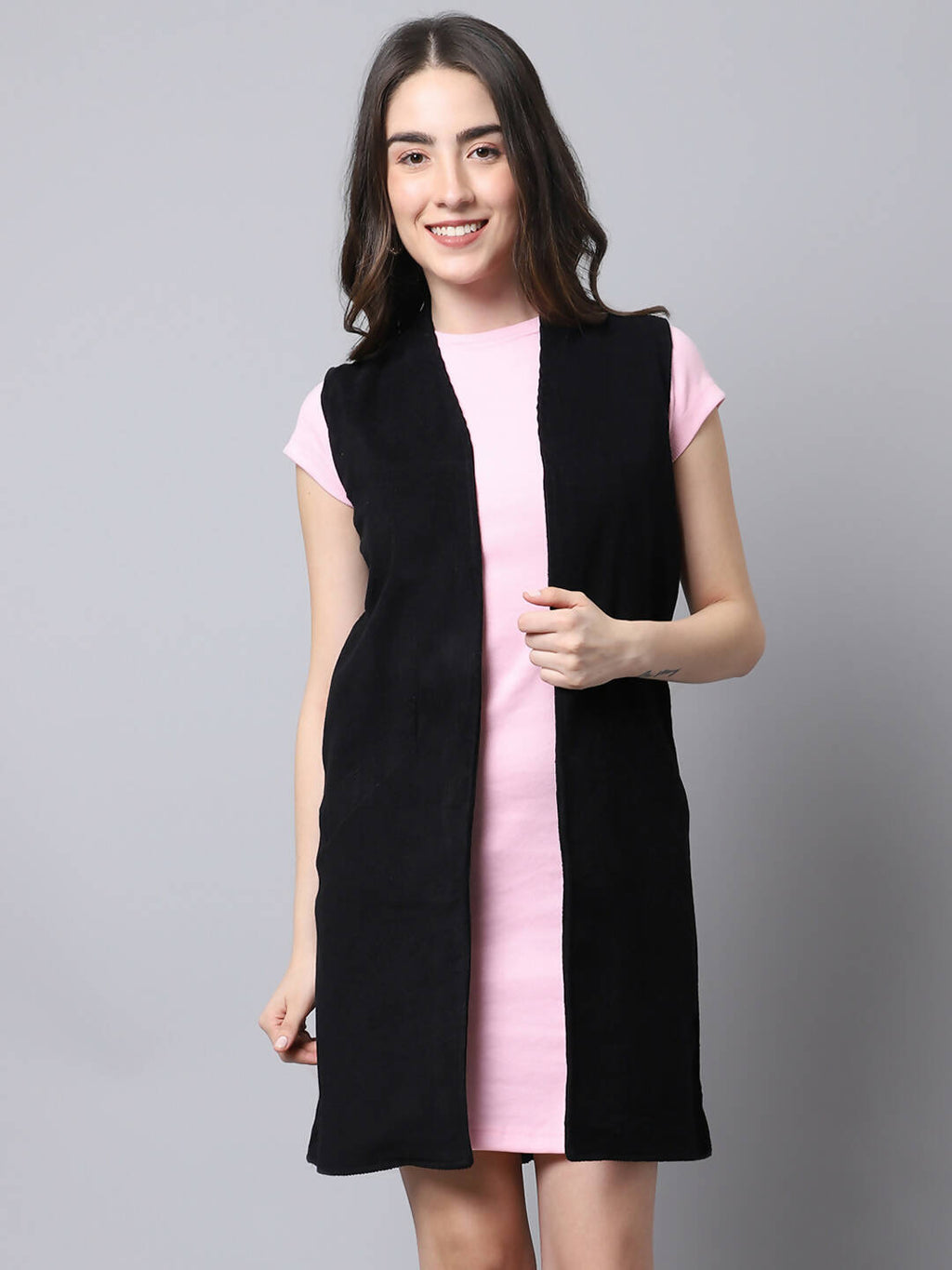 Even Apparels Black Polywool Open Front Corduroy Women's Long Coat - Distacart