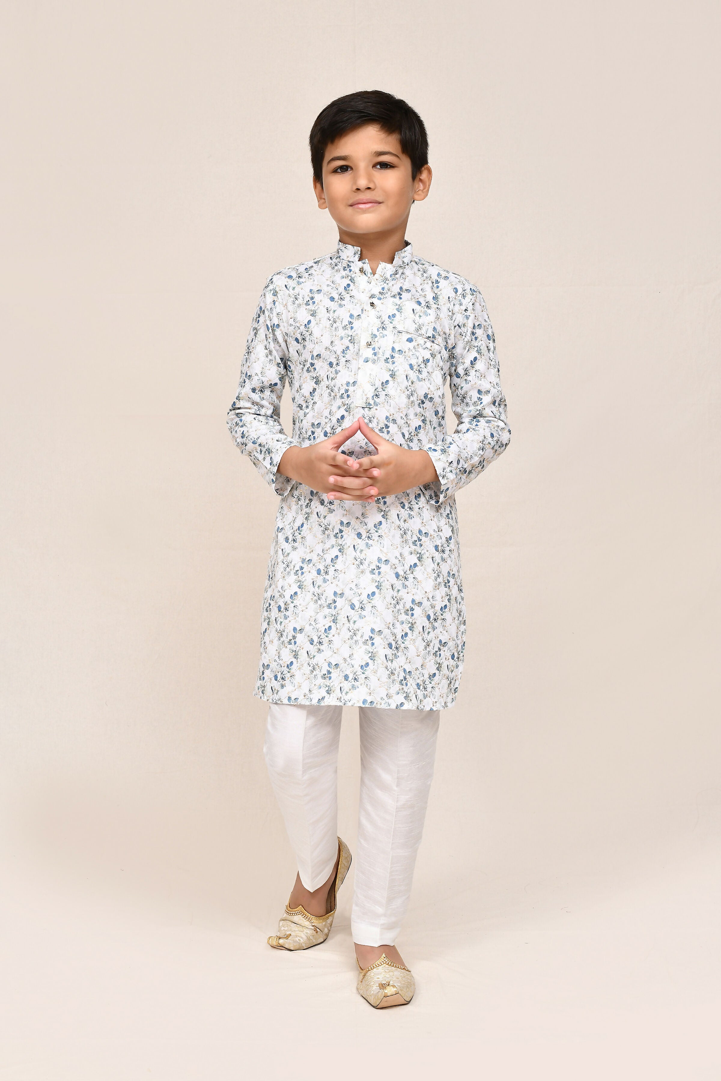 Joban Fashion Printed Cotton White Kurta With Straight Fit Pant