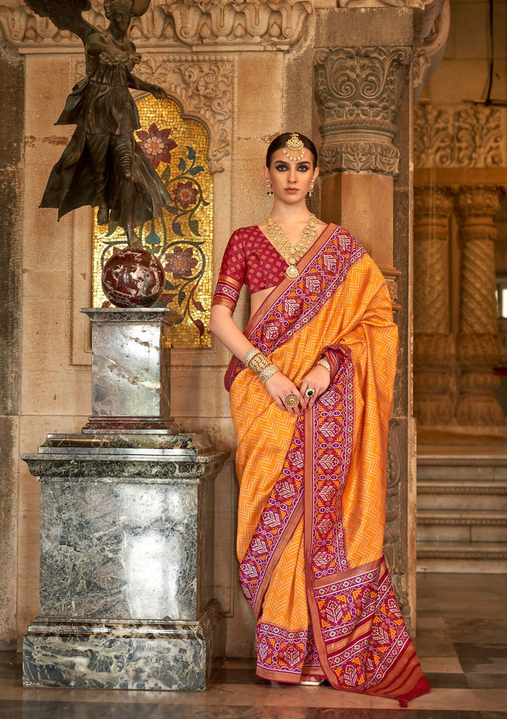 Orange Banarasi Weaving, Ultra Aqua Finish, Zari Work Banarasi Silk Saree - Rath Kunti