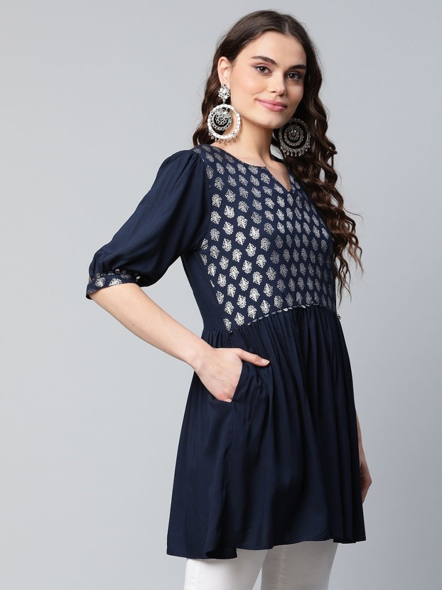 Ahalyaa Women Navy Blue Rayon Silver Foil Print Tunic - Distacart