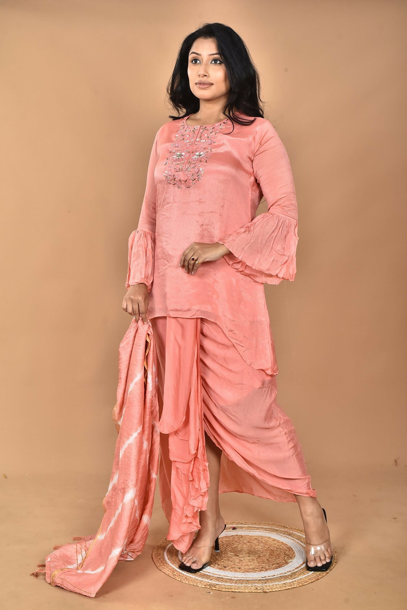 Morchari Women And Hand Embroidery Palazzo Set-Peach